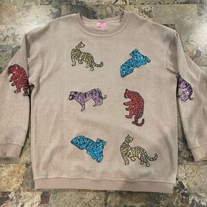 Women’s Beige Sweater with Colorful Tiger Patches